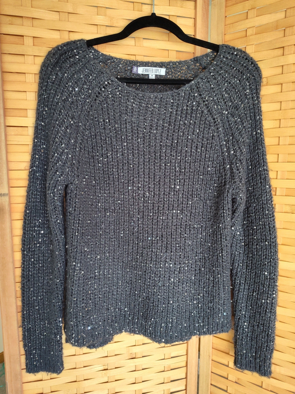 Jennifer Lopez Charcoal Gray Sequin Knit Sweater
